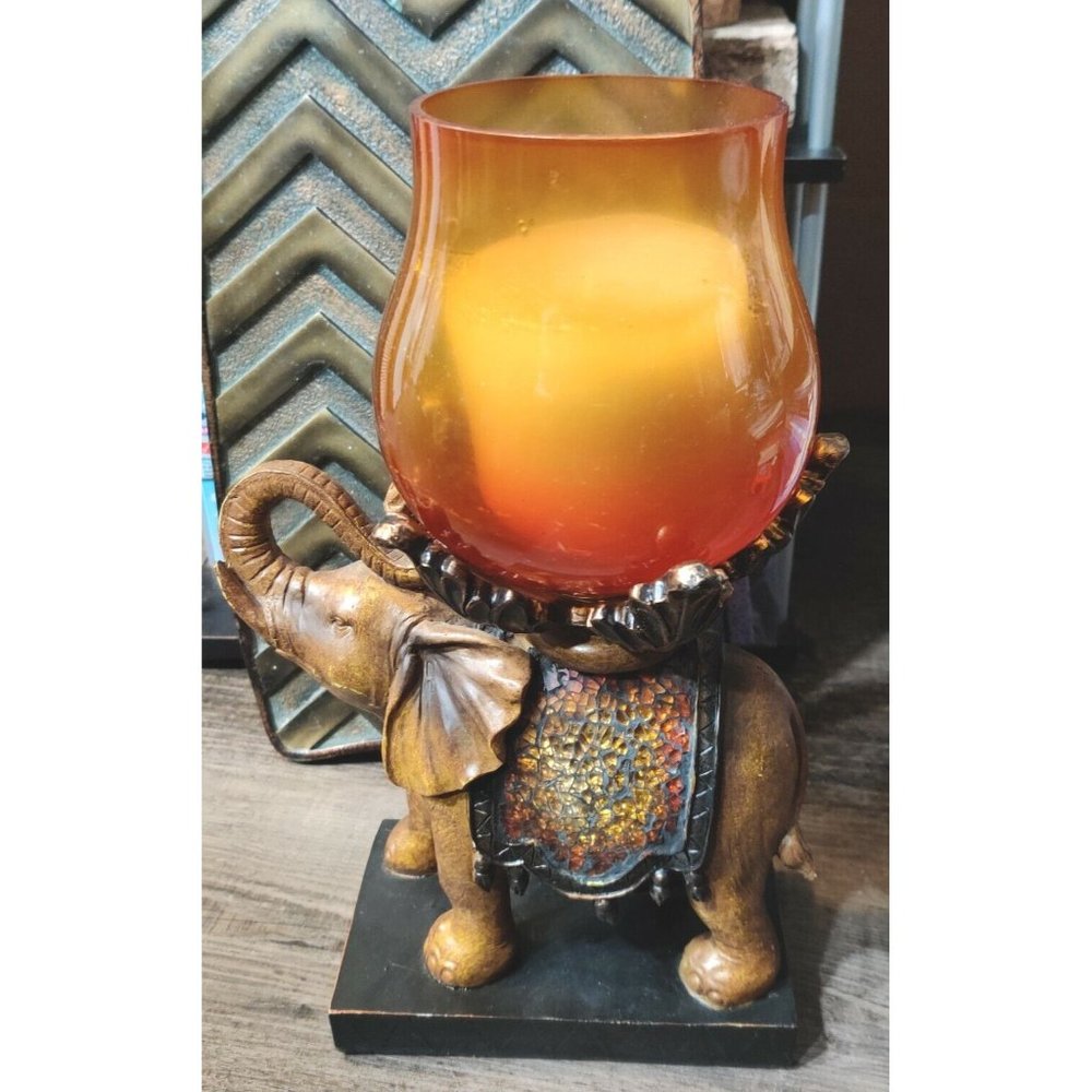Vtg Indian Elephant Statue Figure Artful Design Base w Color Glass Candle Holder